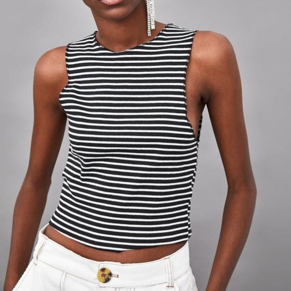 Zara Tops - NWOT Zara Trafaluc Ribbed Striped Cropped High Neck Tank Top